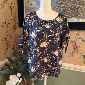SHEIN Navy Floral Blouse with Yellow Accents